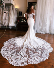 Amazing Mermaid Off-the-shoulder Sweetheart Sleeveless Appliques Satin Lace Train Wedding Dress