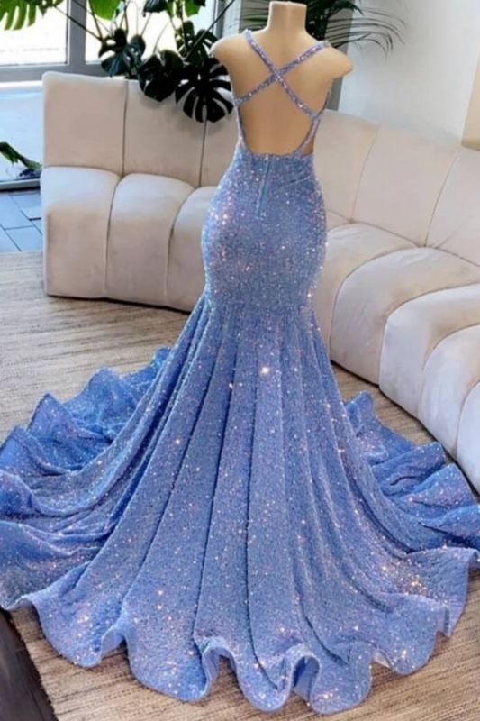 Amazing Sleeveless Glitter Mermaid Prom Dress Gold Crystals Slim Evening Gown