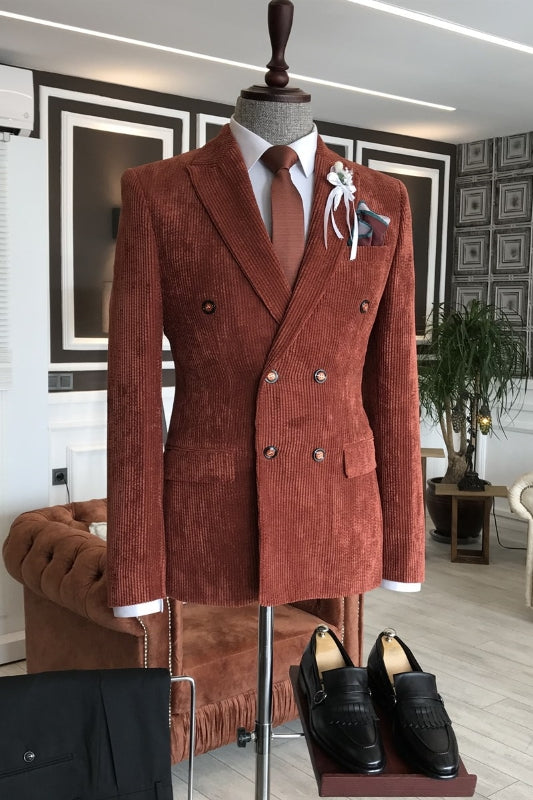 Amos Tailored Burgundy Corduroy Peaked Lapel Double-Breasted Prom Attire