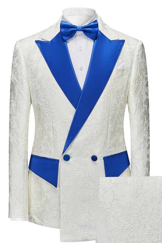 Andre New Arrival White Jacquard Prom Suit With Blue And White Peaked Lapel