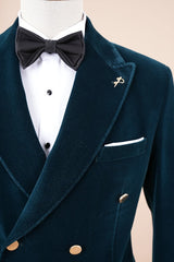 Andre Traditional Marine Blue Peaked Lapel Double Breasted Velvet Prom Suit