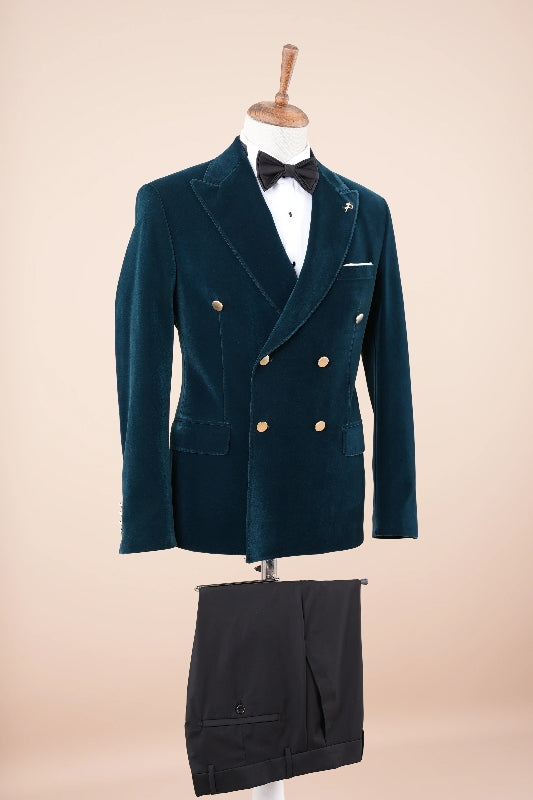 Andre Traditional Marine Blue Peaked Lapel Double Breasted Velvet Prom Suit