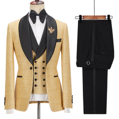 Andrew Sparkling Golden Shawl Lapel Three-Piece Men’s Wedding Suit