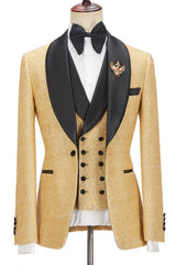 Andrew Sparkling Golden Shawl Lapel Three-Piece Men’s Wedding Suit