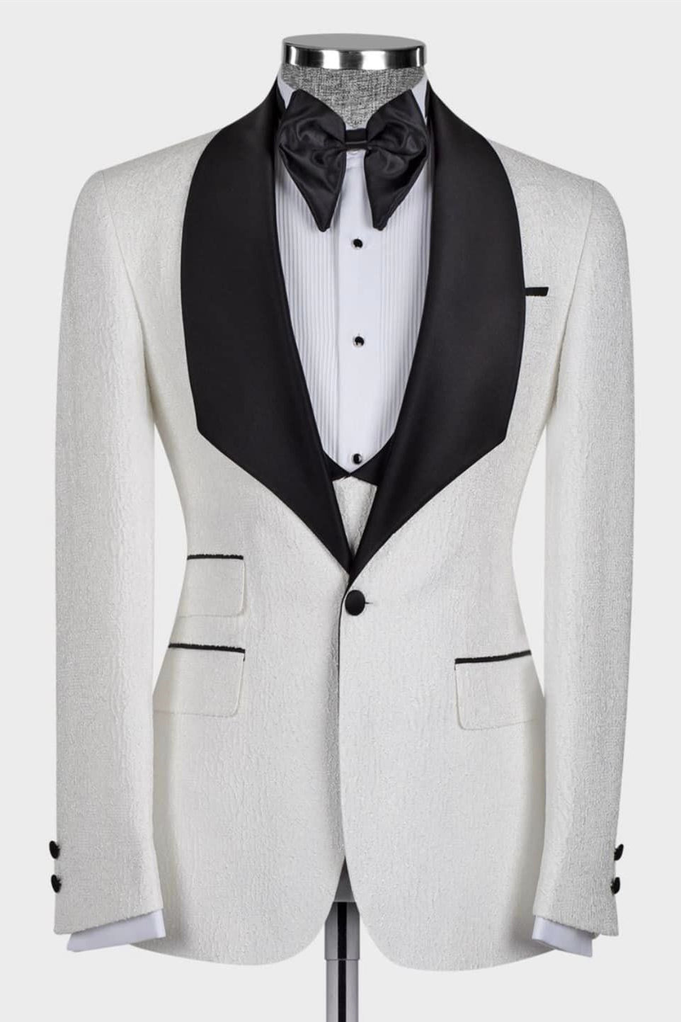 Andy Black Satin Lapel Three-Piece White Jacquard Wedding Suit for Groom