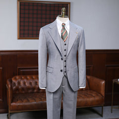 Andy Gray Small Plaid Three Pieces Notched Lapel Slim Fit Business Suit