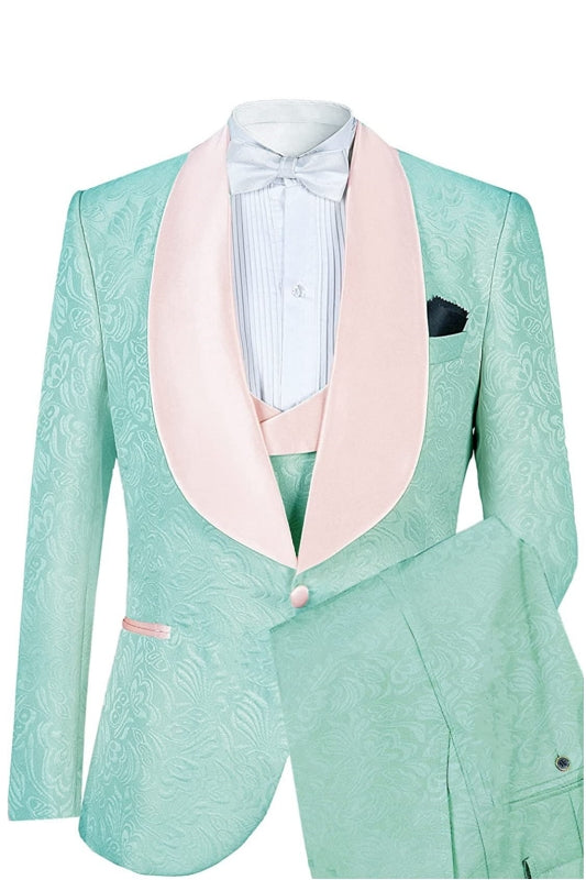 Angus Custom Light Green Jacquard Groom's Suit With Shawl Collar