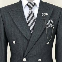 Ansel Formal Black Striped Double-Breasted Peak Lapel Business Suit