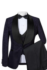 Ansel Glamorous Black Shawl Lapel Three-Piece Jacquard Wedding Suit for Men