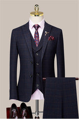 Anthony Navy Blue Plaid Slim Fit Peaked Lapel Men's Suit