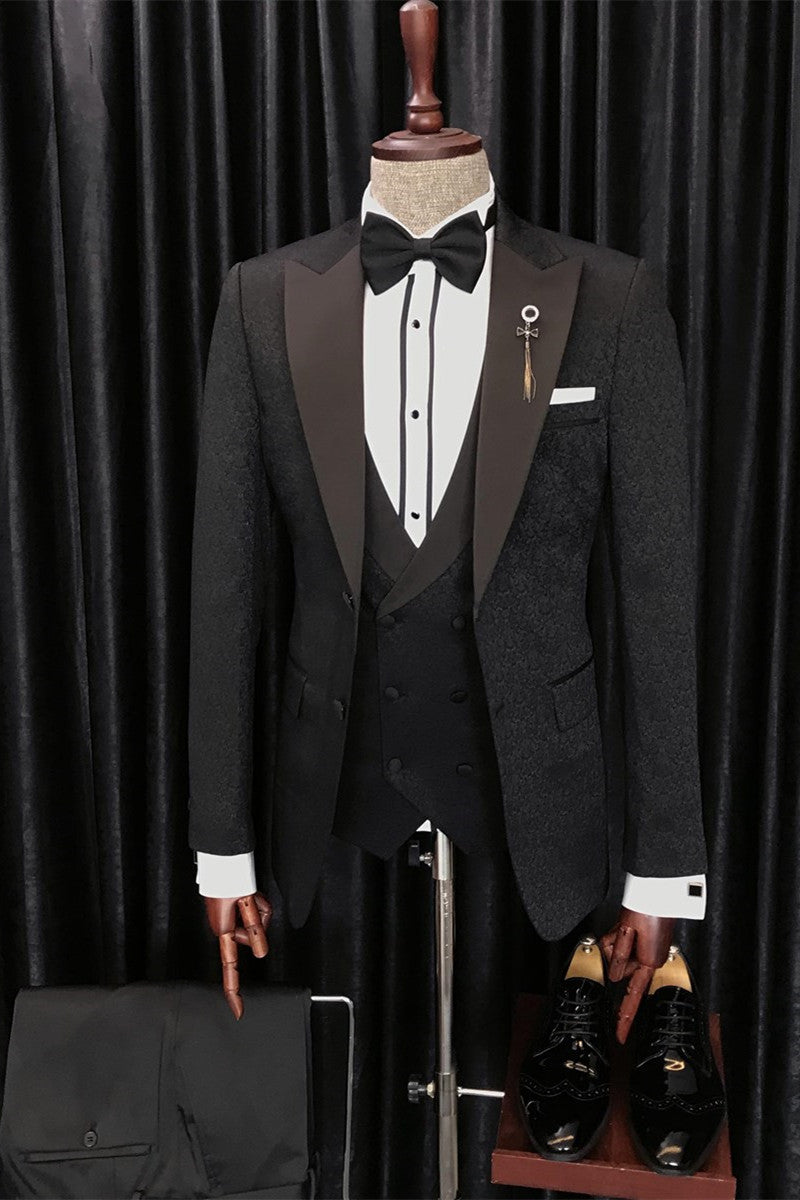 Anthony Newest Black Jacquard Three-Piece Peaked Lapel Wedding Men’s Suits