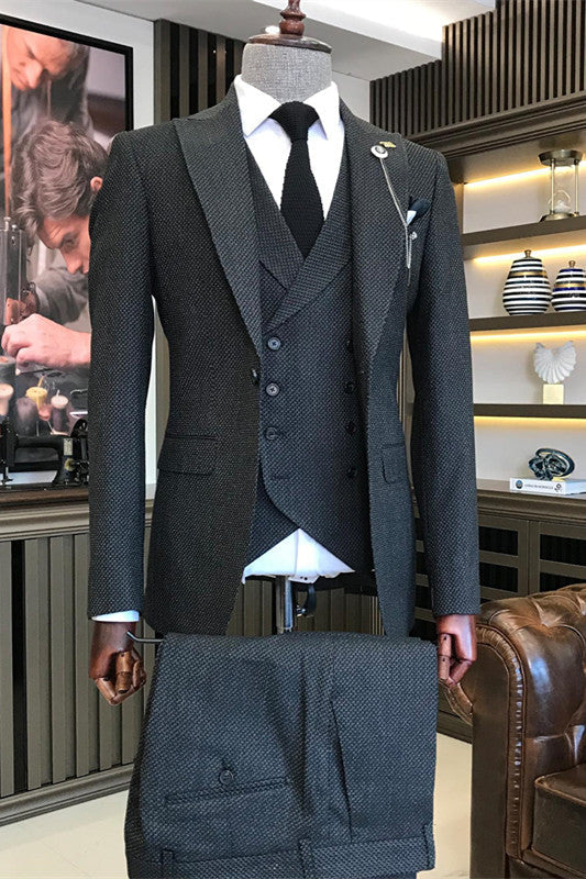 Antoine Bespoke Black Close-Fitting Three-Piece Peaked Lapel Business Suit