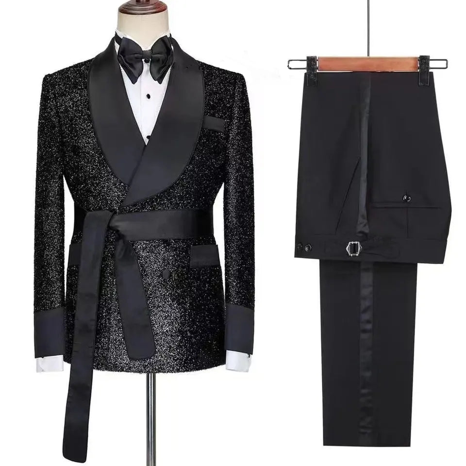 Antoine Elegant Black Shawl Lapel Two-Piece Sequined Wedding Suit