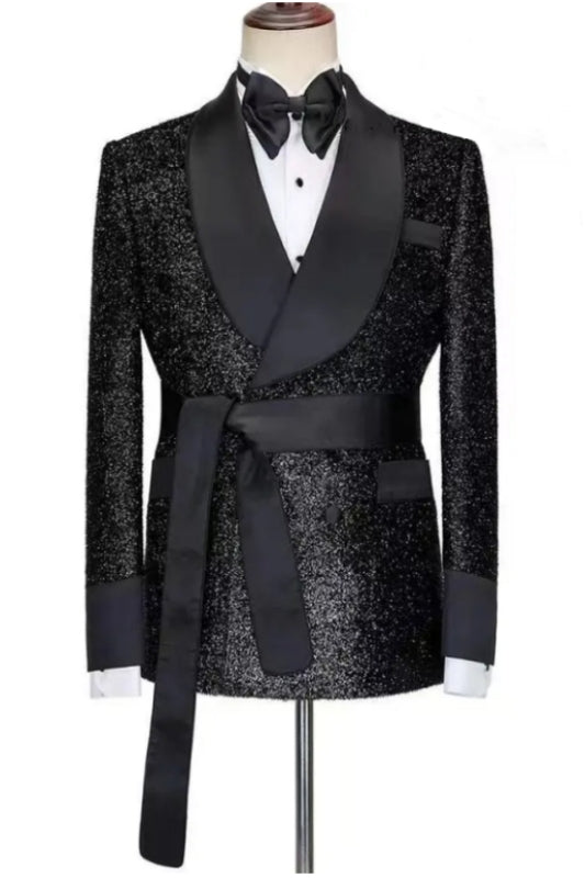 Antoine Fashionable Black Shawl Lapel Two-Piece Sequined Wedding Suit