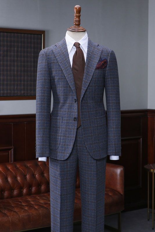 Antoine Formal Navy Blue Small Plaid Notched Lapel Slim Fit Custom Suit