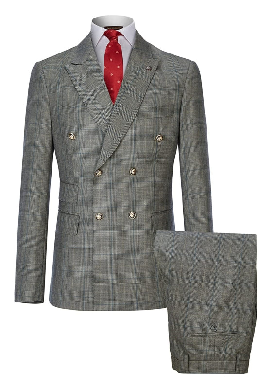 Antony Formal Gray Double Breasted Plaid Business Suit for Men