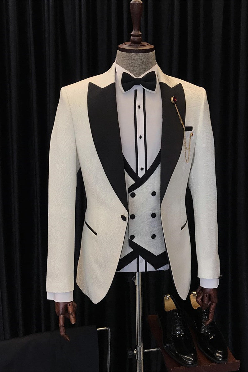 Antony Stylish White Three-Piece Wedding Men’s Suits with Black Peaked Lapel