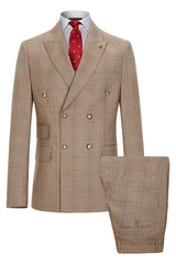 Archer Latest Tan Double-Breasted Plaid Business Ensemble