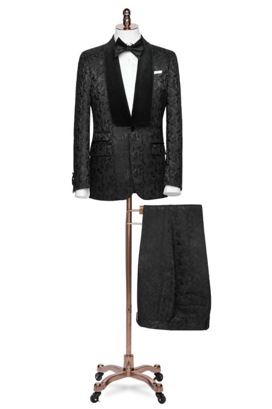 Arno Contemporary Black Jacquard Shawl Collar Two-Piece Groom's Suit