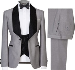 Arnold Custom Gray Shawl Collar Three-Piece Groom's Wedding Ensemble