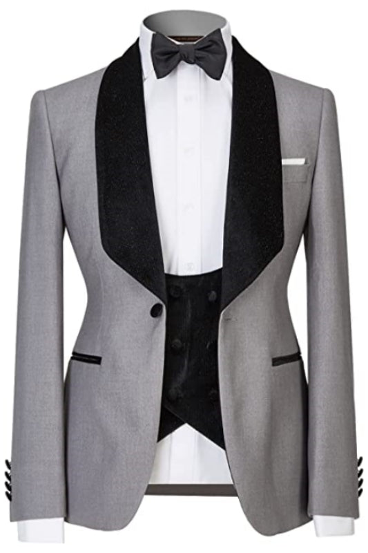 Arnold Custom Gray Shawl Collar Three-Piece Groom's Wedding Ensemble