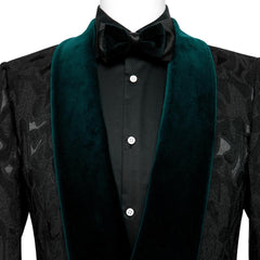 Arvin Stylish Black Jacquard Wedding Suit With Dark Green Velvet Shawl Collar