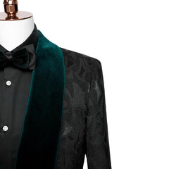 Arvin Stylish Black Jacquard Wedding Suit With Dark Green Velvet Shawl Collar