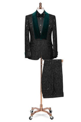 Arvin Stylish Black Jacquard Wedding Suit With Dark Green Velvet Shawl Collar