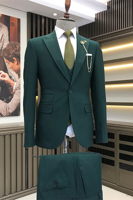 Asa Custom Dark Green Three-Piece Peak Lapel Men's Business Suit