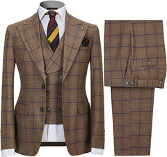 Asa Smart Khaki Peak Lapel Three-Piece Plaid Business Suit for Men