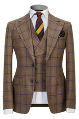 Asa Smart Khaki Peak Lapel Three-Piece Plaid Business Suit for Men