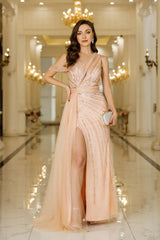 Asymmetrical Tulle Beadings Prom Dress with Side Slit Sleeveless Floor Length Special Occasion Dress