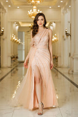 Asymmetrical Tulle Beadings Prom Dress with Side Slit Sleeveless Floor Length Special Occasion Dress