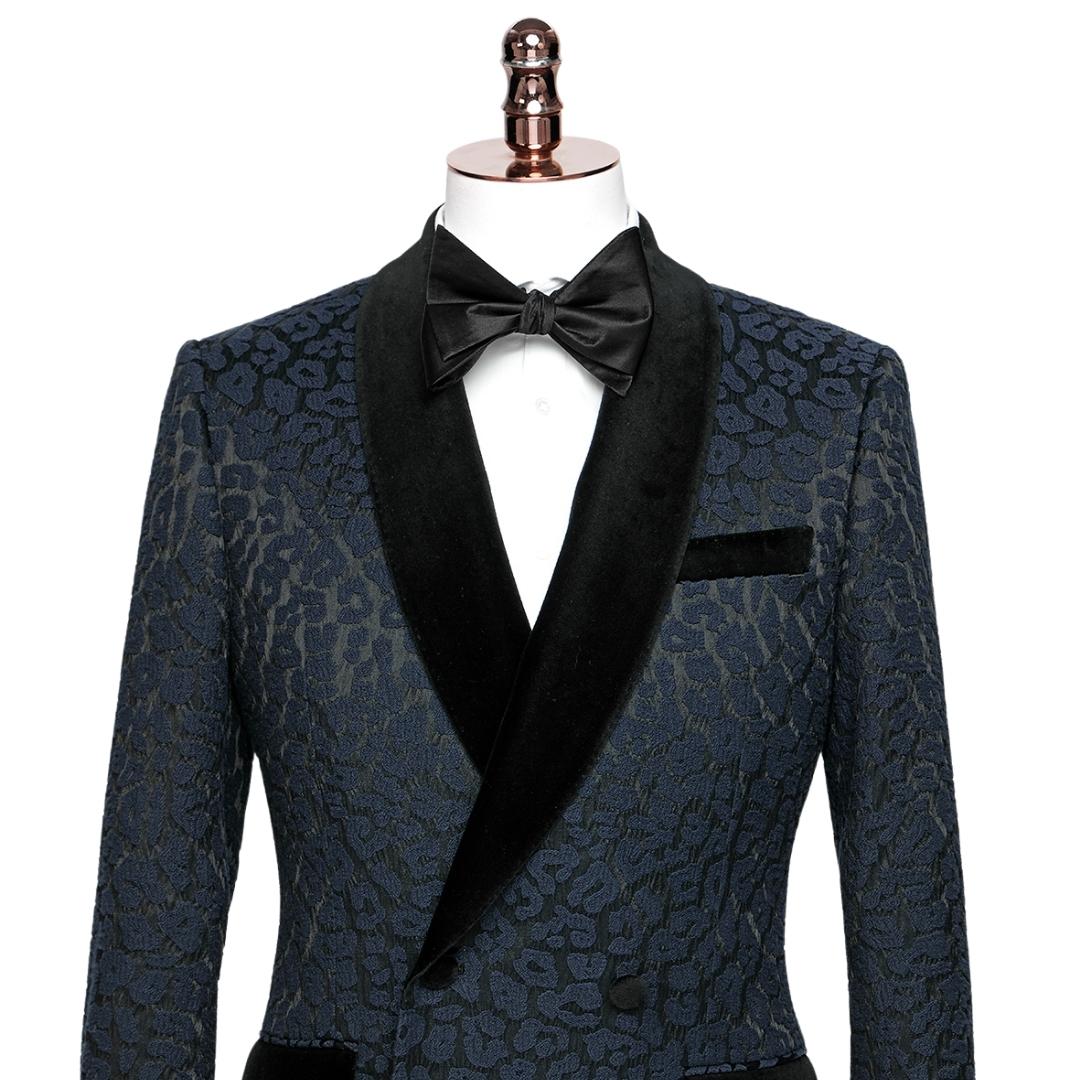 Aubrey Chic Navy Blue Shawl Collar Two-Piece Jacquard Groom's Suit