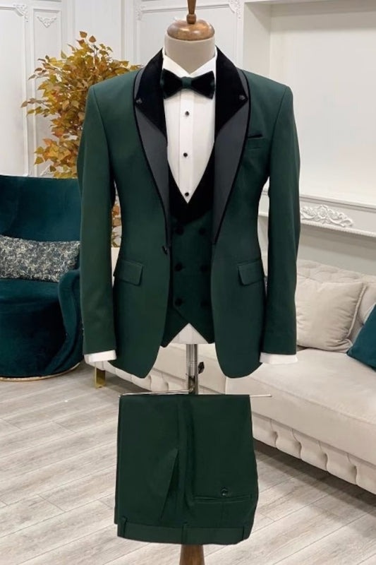 August Dark Green Shawl Collar Three-Piece Close-Fitting Wedding Ensemble