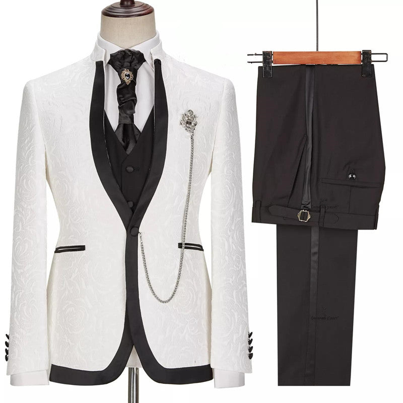 Augustin White Jacquard Slim Fit One Button Three-Piece Wedding Suit