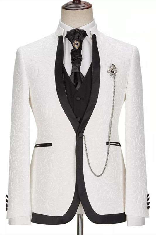 Augustin White Jacquard Slim Fit One Button Three-Piece Wedding Suit