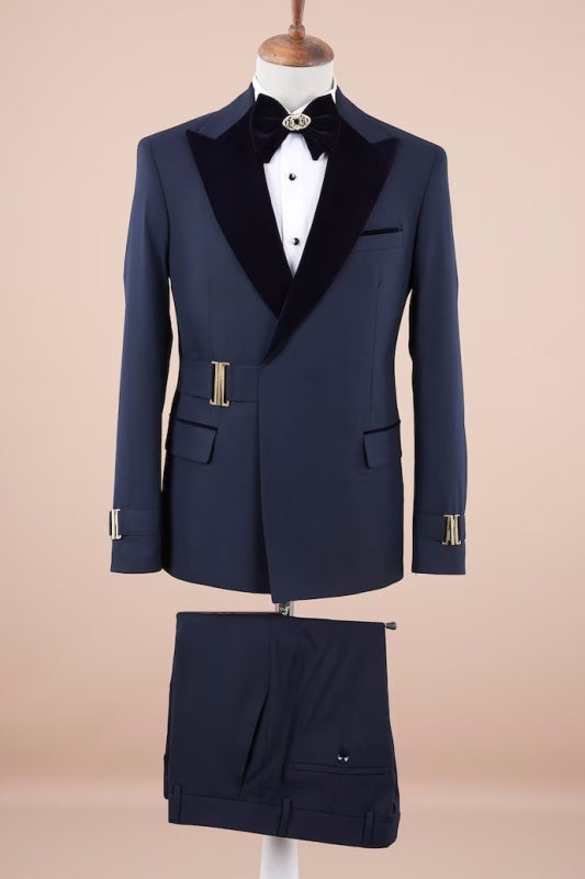 Augustine Navy Blue Peaked Lapel Two-Piece Fancy Prom Suit