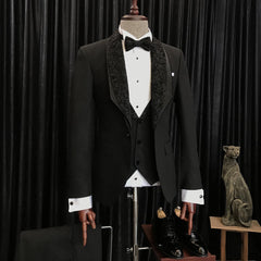 Augustus Elegant Black Slim Fit Wedding Men’s Suits with Exclusive Jacquard Lapel