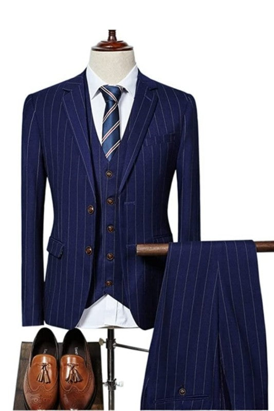 Avery Bespoke Navy Blue Striped Three-Piece Men's Business Suit