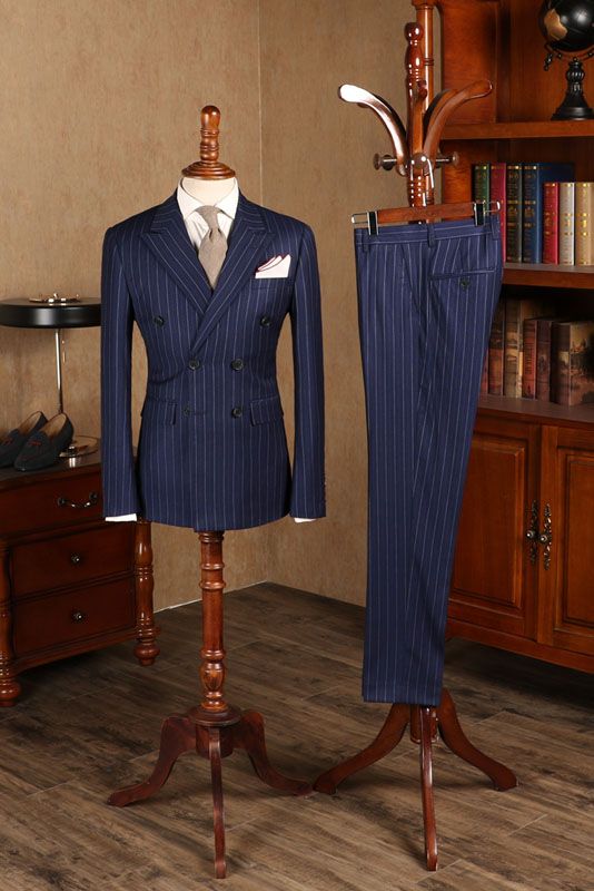 Avery Elegant Blue Striped Double Breasted Men’s Business Suit