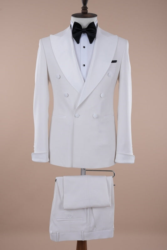 Avery Simple White Double-Breasted Peaked Lapel Prom Suit