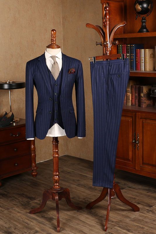 Baird Stunning Blue Striped Three Pieces Slim Fit Formal Men’s Suit