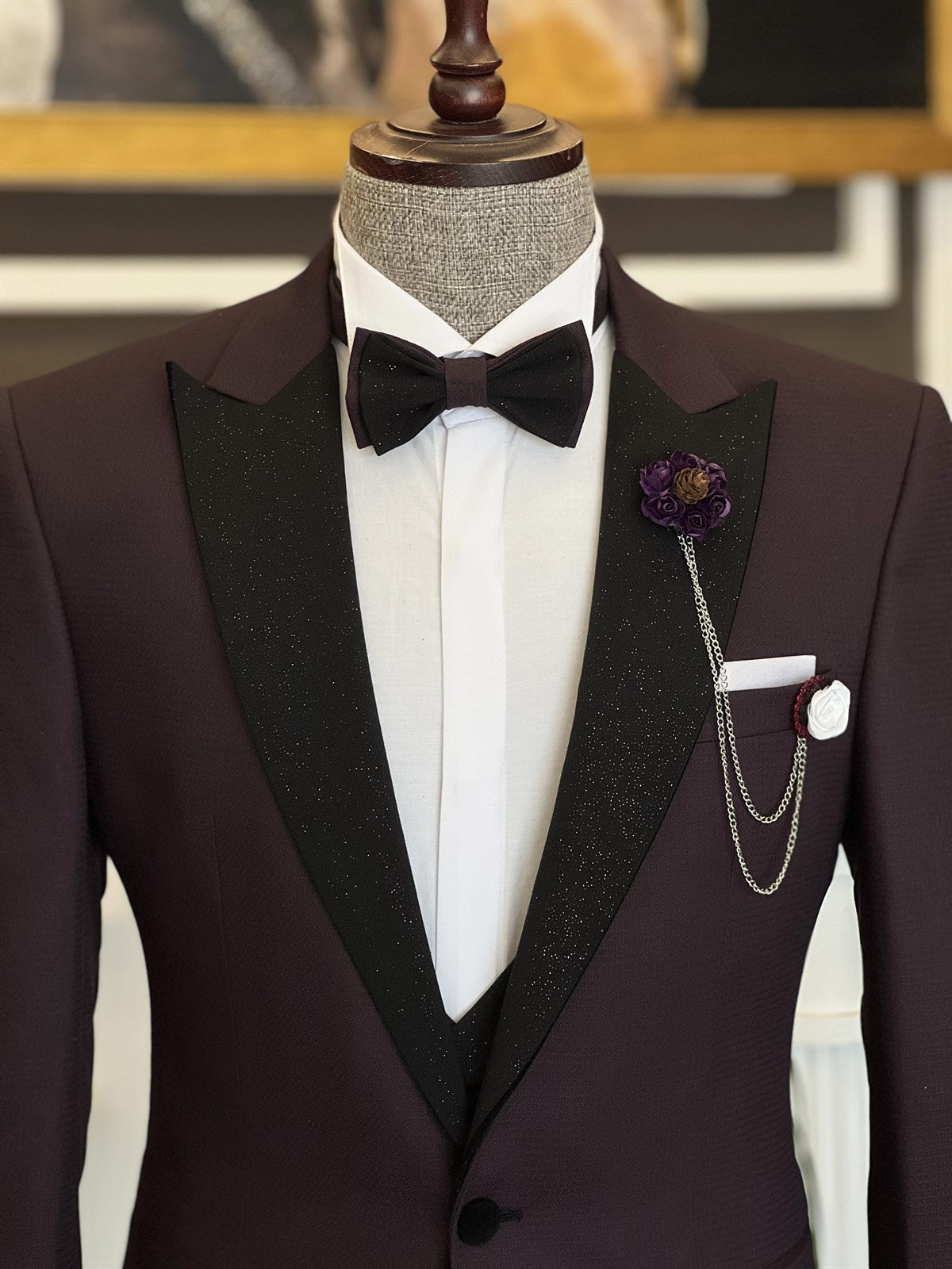 Baldwin Trendy Dark Purple Three-Piece Men’s Suit with Sparkling Peaked Lapel