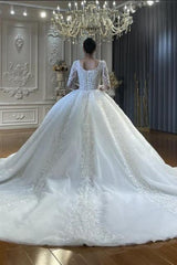 Ball Gown Sweetheart Tulle Long Sleeves Appliques Floor-Length Wedding Dresses with Lace