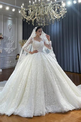 Ball Gown Sweetheart Tulle Long Sleeves Appliques Floor-Length Wedding Dresses with Lace