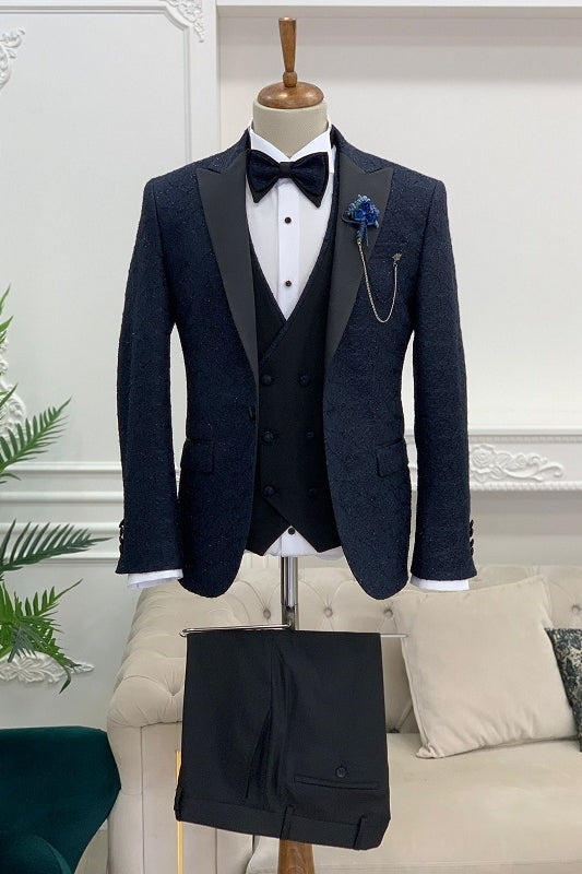 Bancroft Newest Navy Blue Three-Piece Peaked Lapel Jacquard Prom Suit