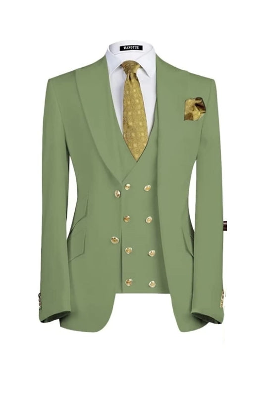 Bard Elegant Sage Green Three-Piece Peaked Lapel Prom Suit For Men