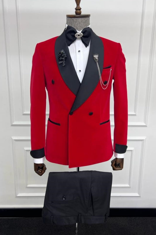 Barlow Minimalist Red Shawl Collar Double Breasted Groom's Wedding Suit