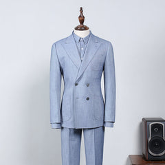 Baron Latest Sky Blue Plaid Peak Lapel Tailored Men’s Suit